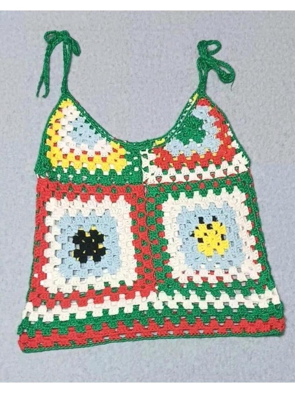 Shein Crochet Granny Square Cropped Cami Top Womens Size Medium Multicolor...